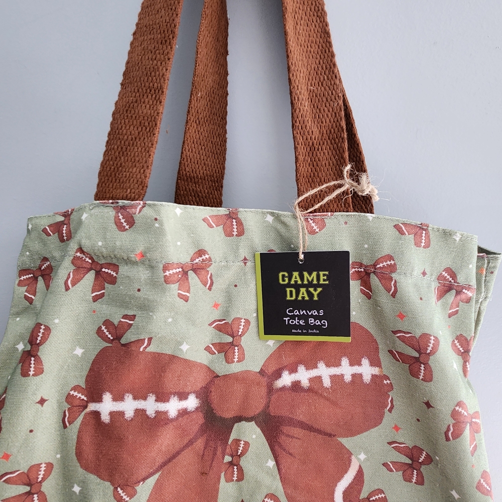Game Day Football Bow Ribbon Light Canvas Tote Bag NWT - Picture 4 of 13
